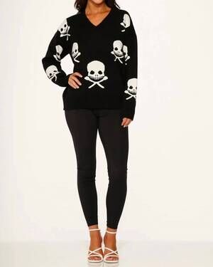 NEW ORCHID BLOOM skulls v-neck sweater in black